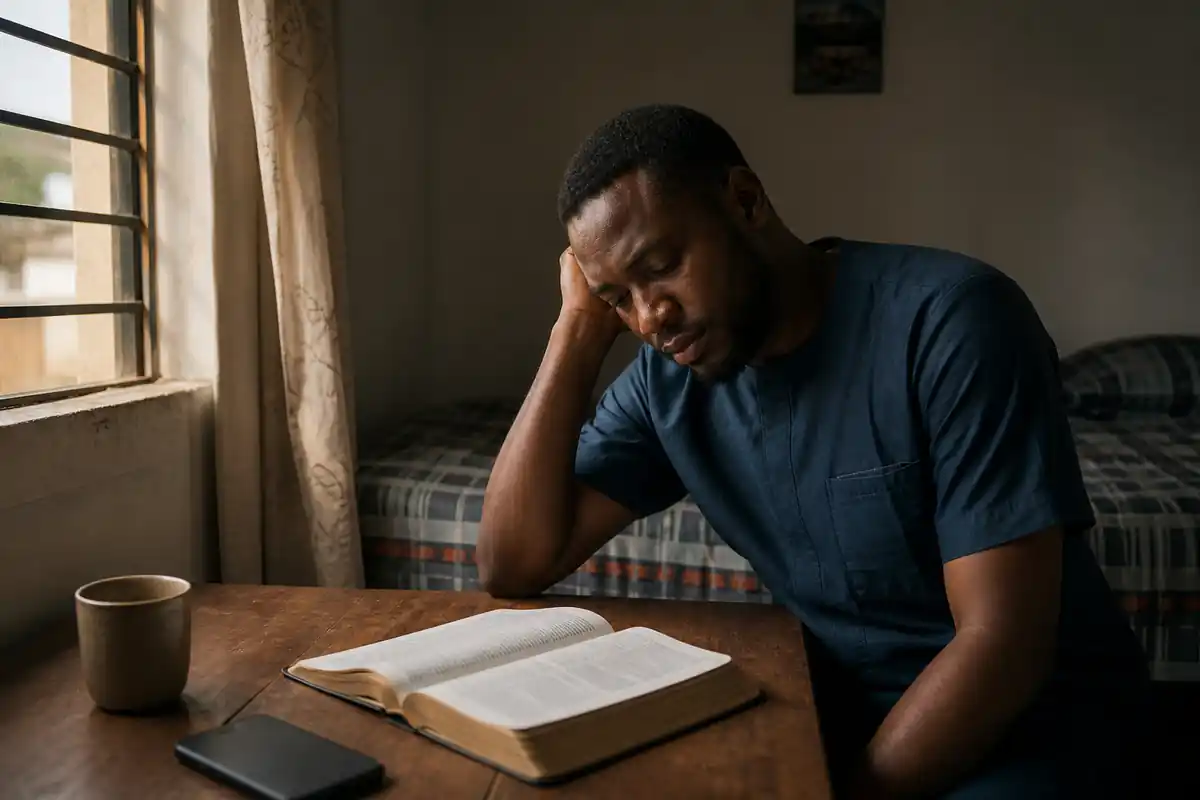 A Nigerian man sitting quietly beside an open Bible in soft morning light