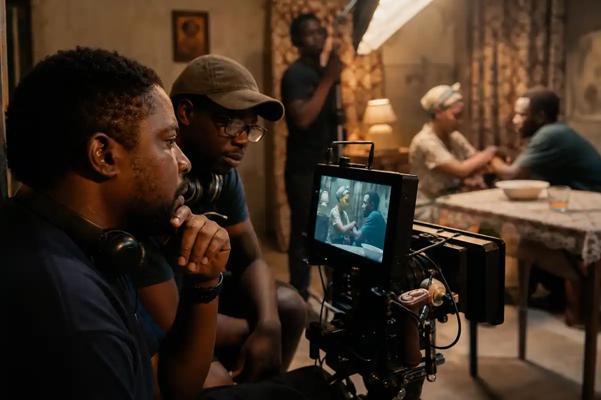 A Nigerian film director and cinematographer reviewing a family scene on set